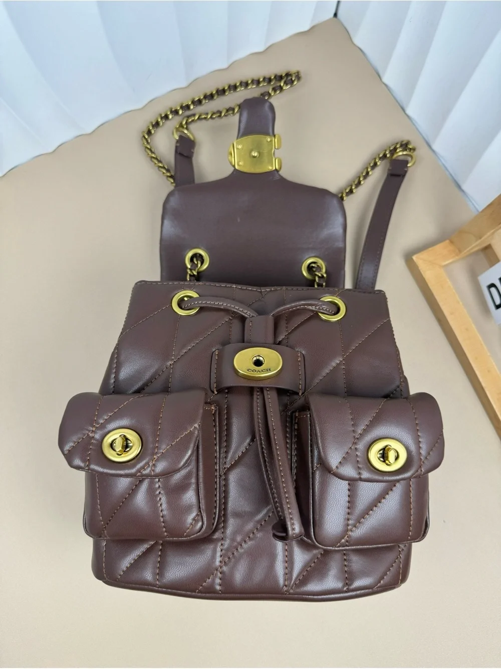 Quilted Brown Women's Backpack Handbag with Gold Hardware